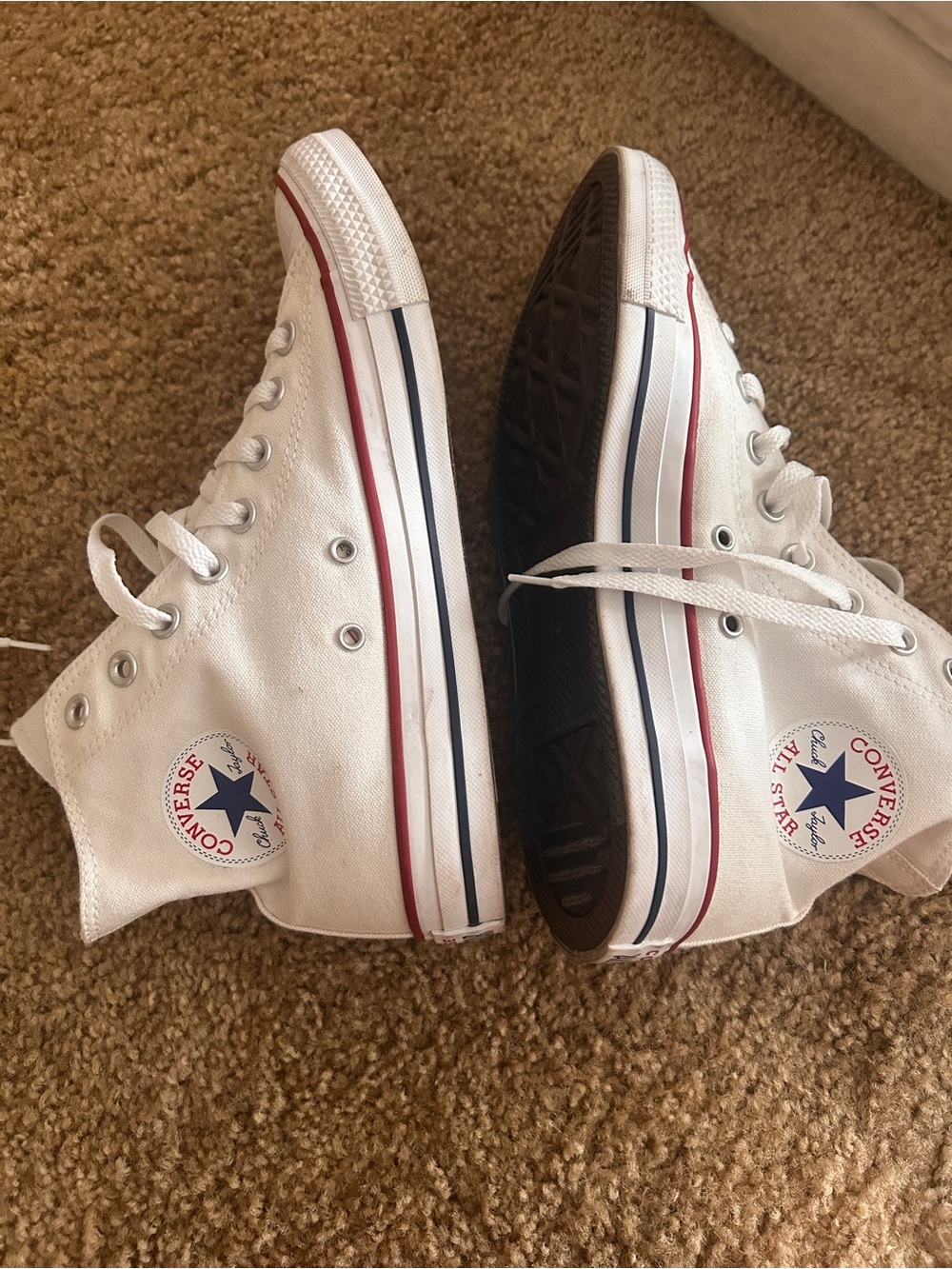Converse White High Top Sneakers with Red Stripe